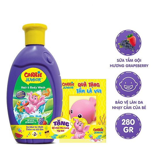 Chai sữa tắm carrie junior hương grapberry 280g + thú tắm đồ chơi - ảnh sản phẩm 2