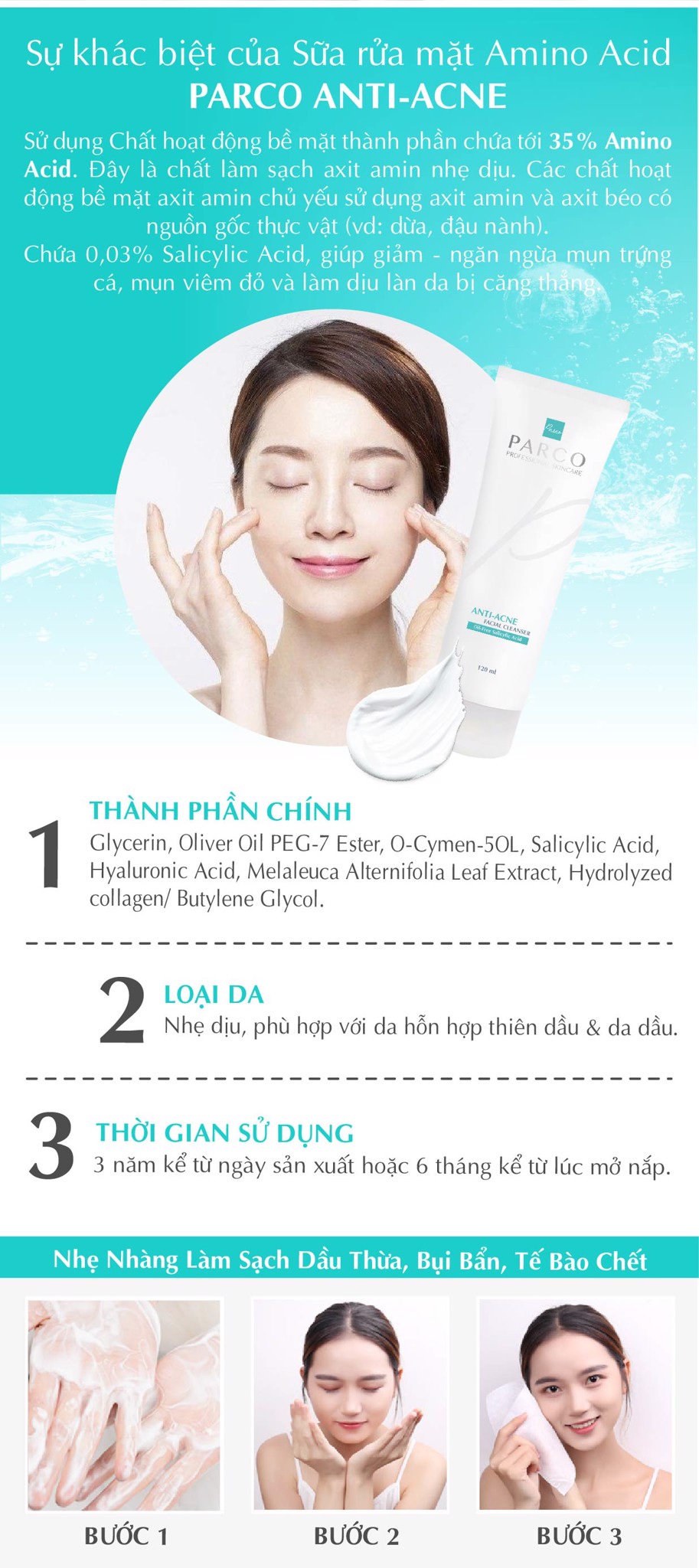sữa rửa mặt ngăn ngừa mụn anti-acne facial cleanser (oil-free salicylic acid) parco 120ml 2