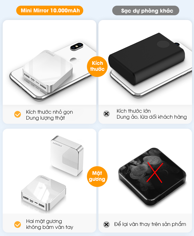 Pin Sạc Dự Phòng Mini Mirror Pisen 10000mAh (Hợp kim Mac + 2 Mặt Kính, 2x USB Smart, Led) - Hàng Chính Hãng 7