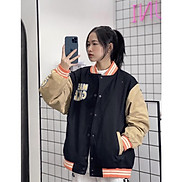 Áo Khoác Bomber Varsity Nữ - Jacket Nỉ Dáng Rộng Unisex Tay Bồng Màu Nâu