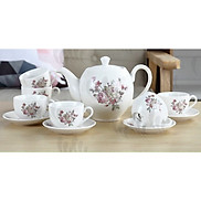 Bộ cốc chén phà trà sứ camelia kèm 7 đĩa lót tách trắng họa tiết hoa hồng