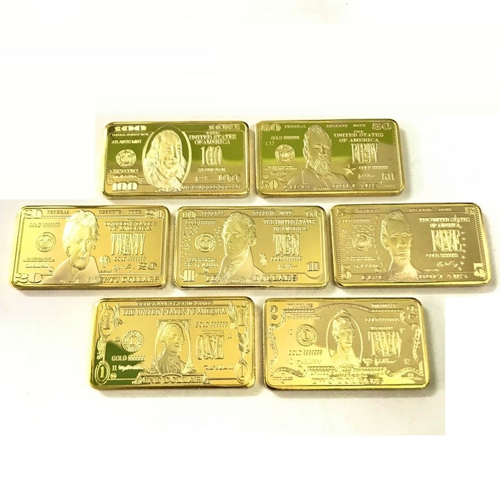 hộp quà tặng medal vàng 7 mệnh giá 1-100 dollars mỹ, dùng để sưu tầm 7