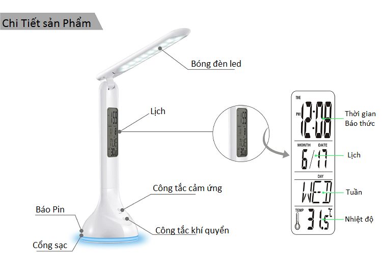 đèn led để bàn cảm ứng chạm q2 đèn led, đồng hồ, báo thức, xem nhiệt độ 2