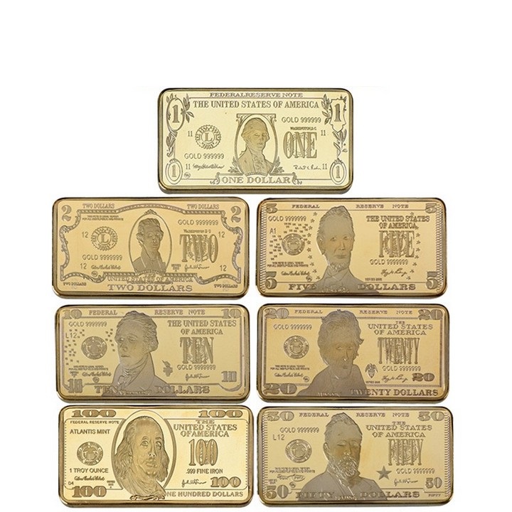 hộp quà tặng medal vàng 7 mệnh giá 1-100 dollars mỹ, dùng để sưu tầm 10