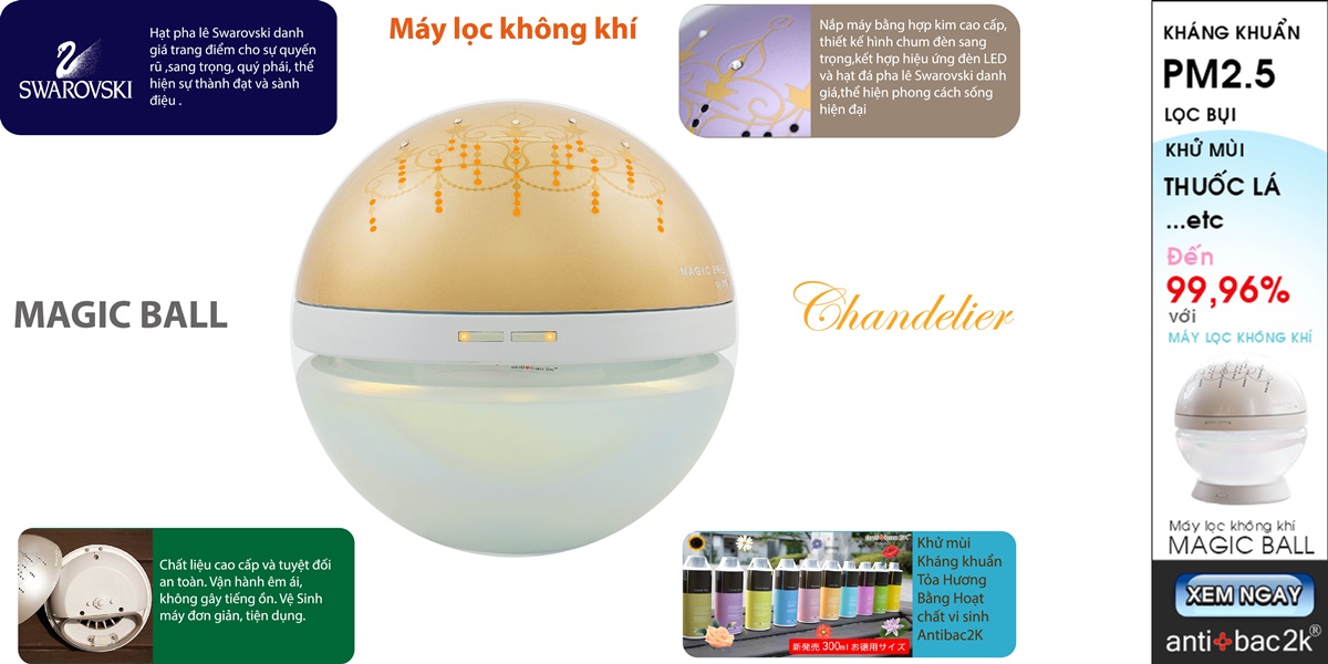 Máy Lọc Không Khí, Khử Mùi, Kháng Khuẩn Magic Ball Chandelier Gold - Antibac2K - Hàng Chính Hãng 1